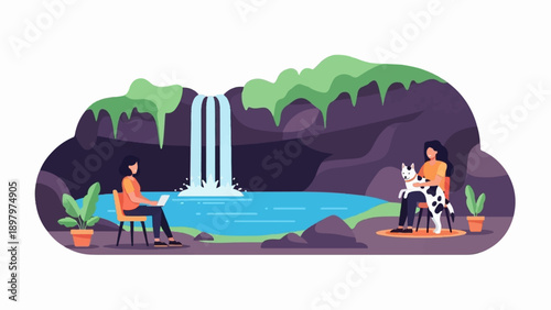 Two women relax by a waterfall, one works on a laptop, the other with a dog