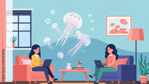Two women work on laptops in a living room with jellyfish and fish decor