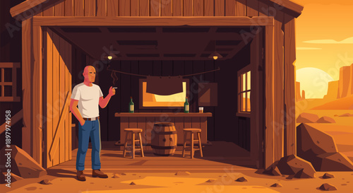 Retro western bar vector illustration of a man in a desert landscape at sunset