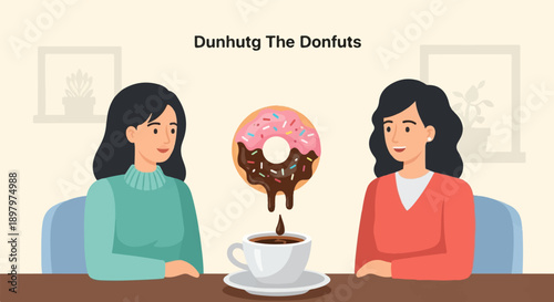 Two women sit at a table as a donut drips into a coffee cup