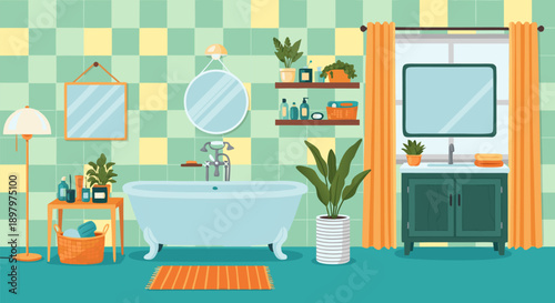 Vector illustration of a cozy and well-lit bathroom interior, featuring a bathtub, sink, and plants