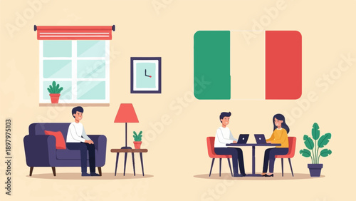 Two scenes of people working on laptops in a room with Italian flag
