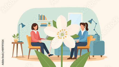 Two women in an office setting, one on a couch and one in a chair, with a flower in foreground