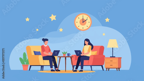 Two people working on laptops on couches in a room with a clock and stars