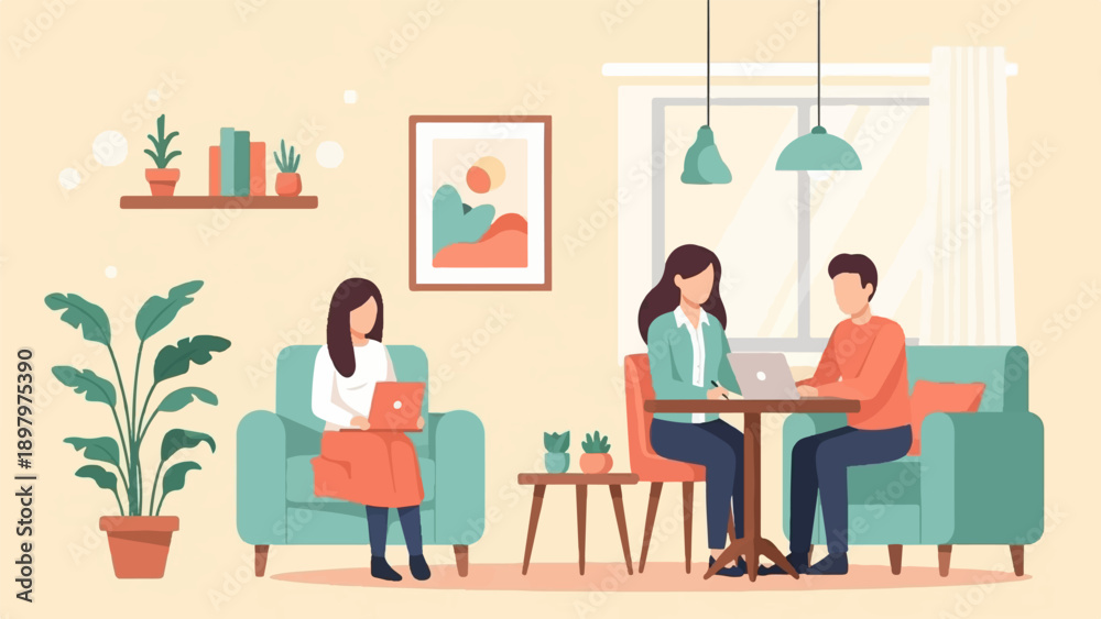 Fototapeta premium Two women and one man work remotely in a comfortable living room