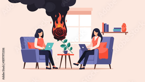 Two women work on laptops in a room where a rose is burning