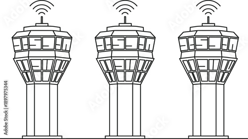 Airport Control Towers with Wireless Signal Line Icon Set