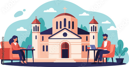 Two people working on laptops outdoors in front of a building