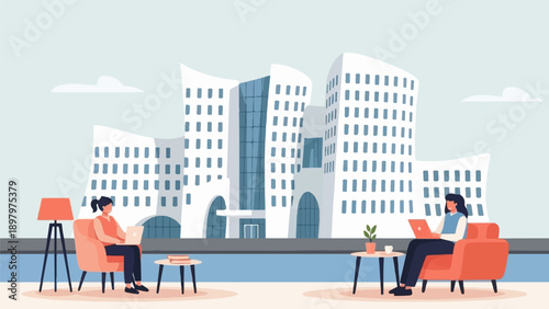 Two women in armchairs work on laptops with a modern office building in the background