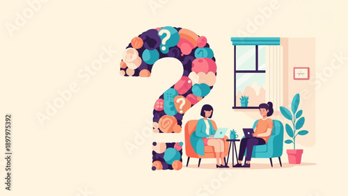 Two women work on laptops in a room with a large, colorful question mark