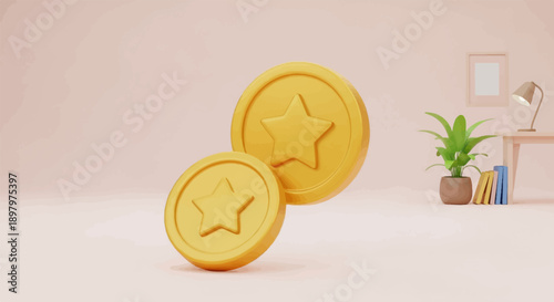 Two shiny golden coins with star emblems, set against a pastel room decor