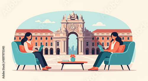 Two women in comfortable chairs using laptops with an archway and buildings in the background