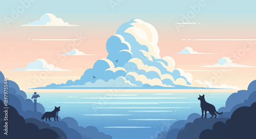 Two silhouetted cats gaze out at a vast ocean under a dramatic pixelated sky
