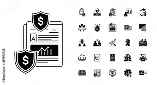 Financial Security Icon Set: Shield, Document, Graph, Money, Icons