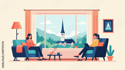 Two women relax in armchairs using laptops, a dog on a table, view of church and hills