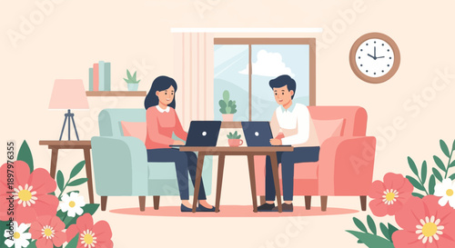 Two people working on laptops while sitting on couches in a cozy room