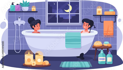 Two smiling people enjoy a relaxing evening bath with candles and towels