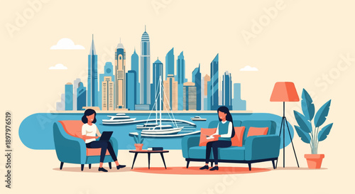 Two women relax in comfy chairs with a city and harbor view
