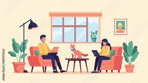 Two people working on laptops with a dog between them in a living room