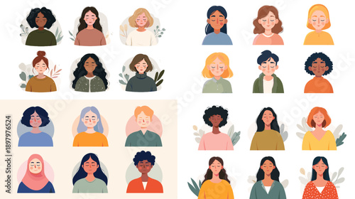 Cute cartoon women portraits showing diversity and different hairstyles. Friendly illustrated avatars perfect for social media profiles education projects and modern design.