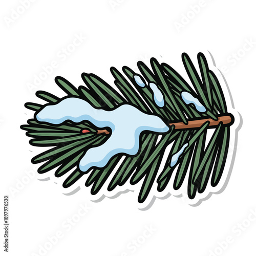 Snowy pine branch with green needles and brown stem