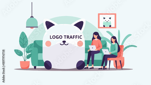 Two women work on laptops near a giant cartoon cat and plants