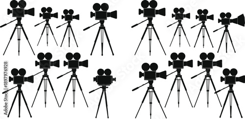 Collection of vintage film cameras on tripods in a repeating pattern Keywords: camera, film, vintage, retro, old, movie, cinema