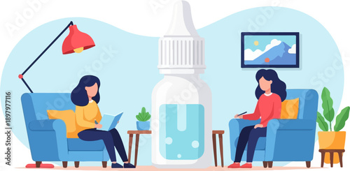 Two women relax indoors, one reads, the other sketches, a large bottle nearby