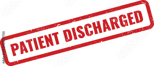 Red Patient Discharged Rubber Stamp on White Background Indicating Patient is Released from Care