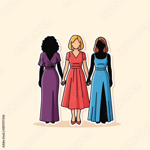 Three women in dresses holding hands