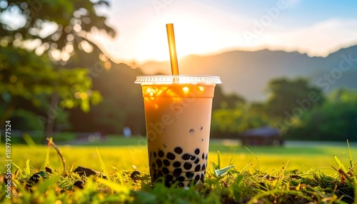 Refreshing Bubble Tea Drink in a Lush Green Outdoor Setting at Sunset.