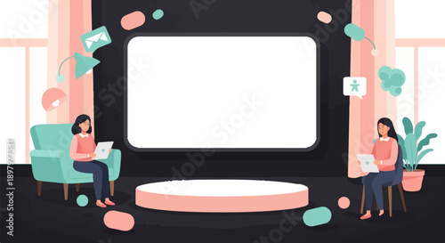 Two women interacting with technology in a modern, stylized room