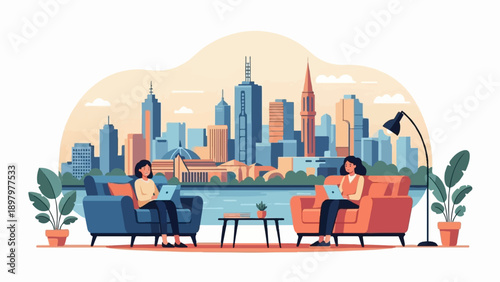 Two women work on laptops on sofas with a city skyline backdrop