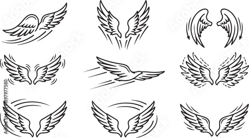 Collection of stylized wing illustrations showcasing diverse designs and dynamic movements, perfect for graphic design elements and creative projects