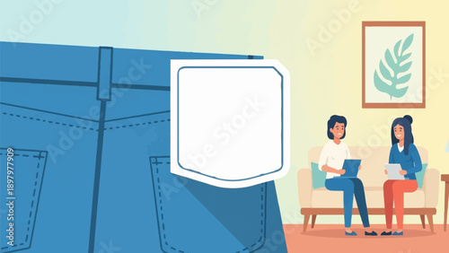 Two women talking on a couch with a denim background and a blank speech bubble
