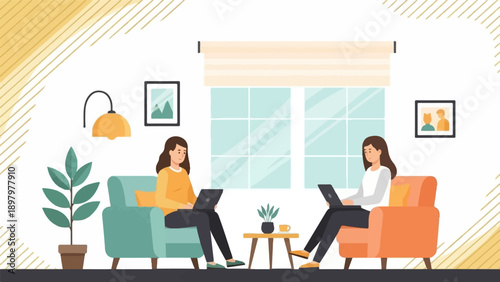 Two women working on laptops in a cozy living room setting (1)