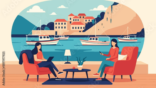 Two women relax on chairs by the water, with boats and buildings in the background