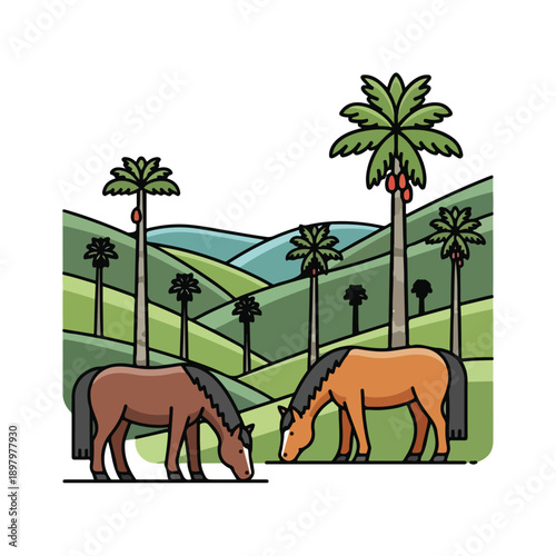 Two horses grazing in a tropical landscape