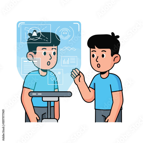 Two men in blue shirts discussing data