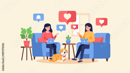 Two women relax on sofas with laptops and a dog, surrounded by notification icons