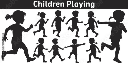 Silhouettes of children playing and running on white background kids