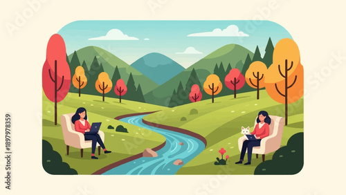 Two women relax outdoors, one with a laptop and one with a cat, by a stream