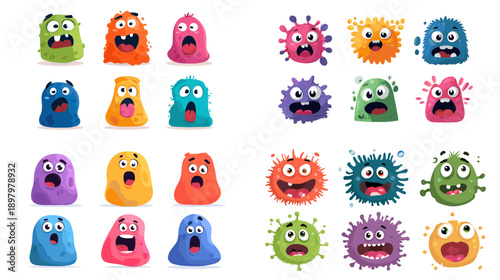 Cute cartoon monster faces with big eyes and expressive emotions. Colorful funny characters perfect for stickers emojis kids design games and playful illustrations.