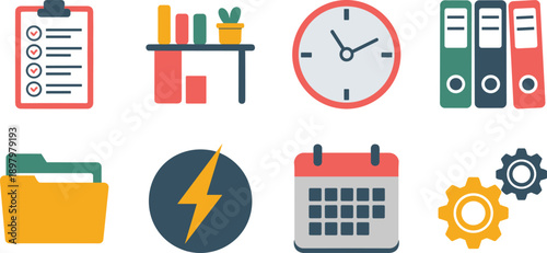 Office Productivity and Time Management Icons Flat Vector Set