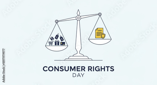 Consumer rights day illustration with balance scale and icons representing fair trade and legal documents on light background