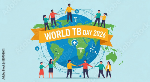 Global unity for world tb day 2026 people holding hands around the earth vector illustration light blue background diverse group