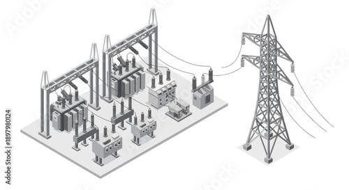 Isometric illustration of an electrical substation with a power transmission tower