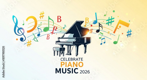 Grand piano illustration with musical notes and celebrate piano music 2026 text on gradient background