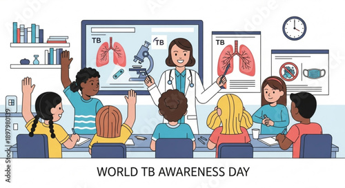 Doctor educating diverse students about tuberculosis in classroom setting with visual aids and diagrams