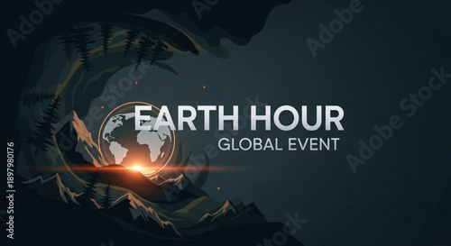 Earth hour global event poster with dark blue background and illuminated globe symbolizing environmental awareness and conservation efforts